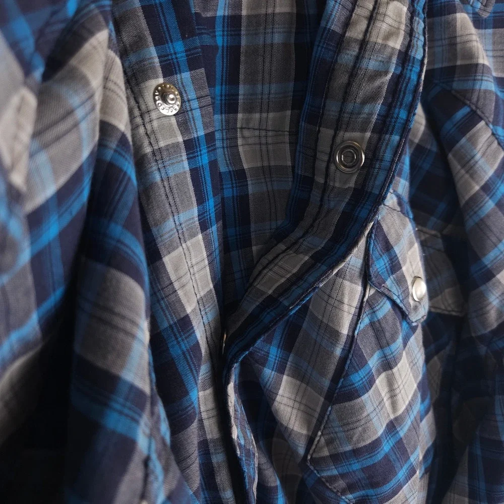 Vintage Wrangler‎ Wrancher Pearl Snap Shirt XL Blue Plaid Short Sleeve Western - Picture 5 of 8